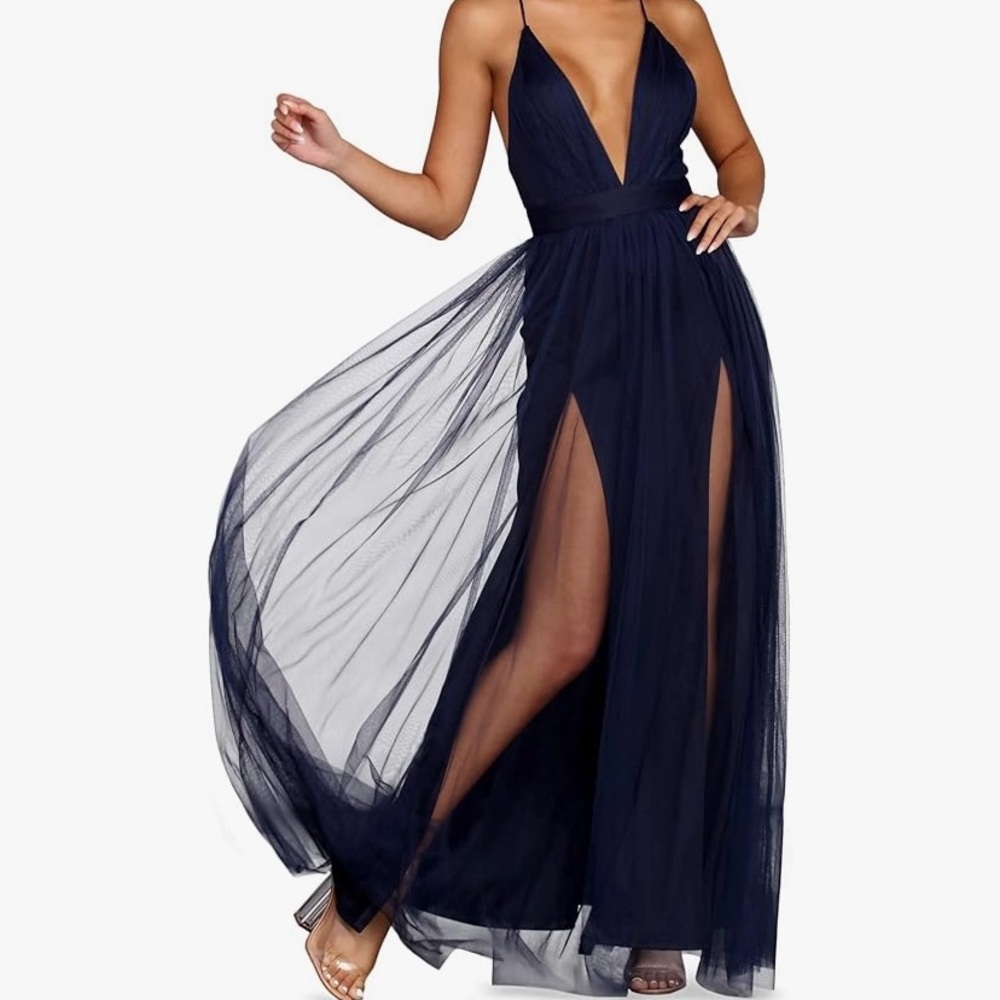 NWT Stunning M Tulle Formal Evening Gown Floor length Navy Prom Wedding guest